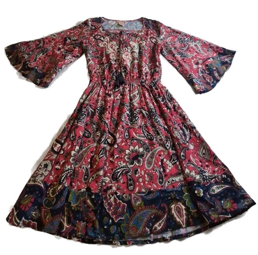 Flying Tomato Boho Paisley Print Bell Sleeve Mini Dress with Cinched Waist